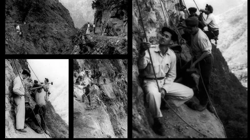 Archive photographs of men cutting a levada into a cliff face, working on ropes with drills and picks